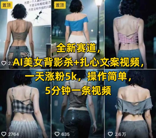 全新赛道，AI美女背影杀+扎心文案视频，一天涨粉5k，操作简单，5分钟一条视频-云网创