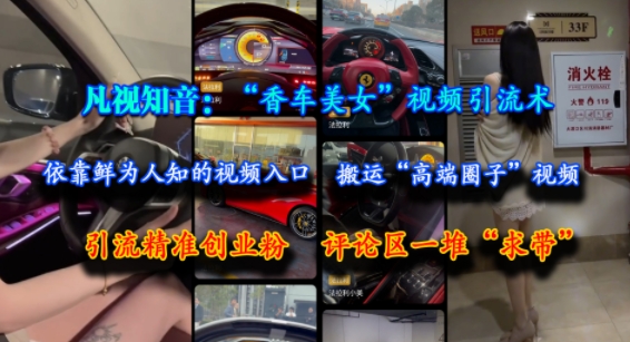 凡视知音：“香车美女”视频引流术，依靠鲜为人知的视频入口，搬运“高端圈子”视频，引流精准创业粉，评论区一堆“求带”-云网创