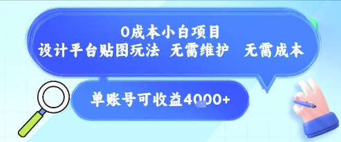 0成本小白项目，设计平台贴图玩法，无需维护，无需成本，单账号单月可产生收益4k+-云网创