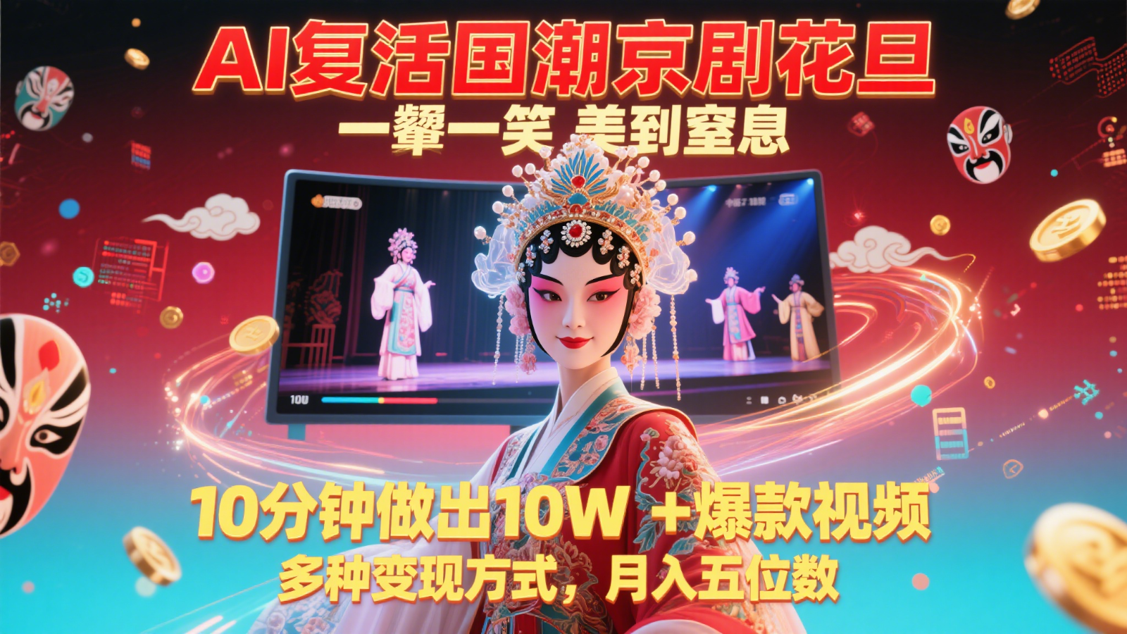 AI复活国潮京剧花旦，一颦一笑美到窒息，10分钟做出10W+爆款视频，多种变现方式-云网创