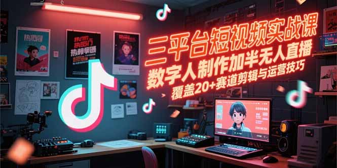 三平台短视频实战课，数字人制作加半无人直播，覆盖20+赛道剪辑与运营技巧-云网创